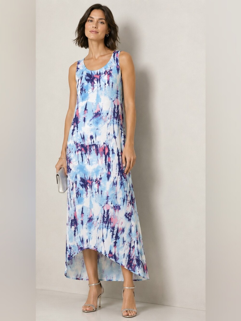 Nina Leonard High Low Tie-Dye Maxi Dress in Blue and Pink
